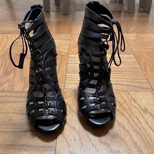 Vince Camuto black, caged, lace-up, open-toed heels